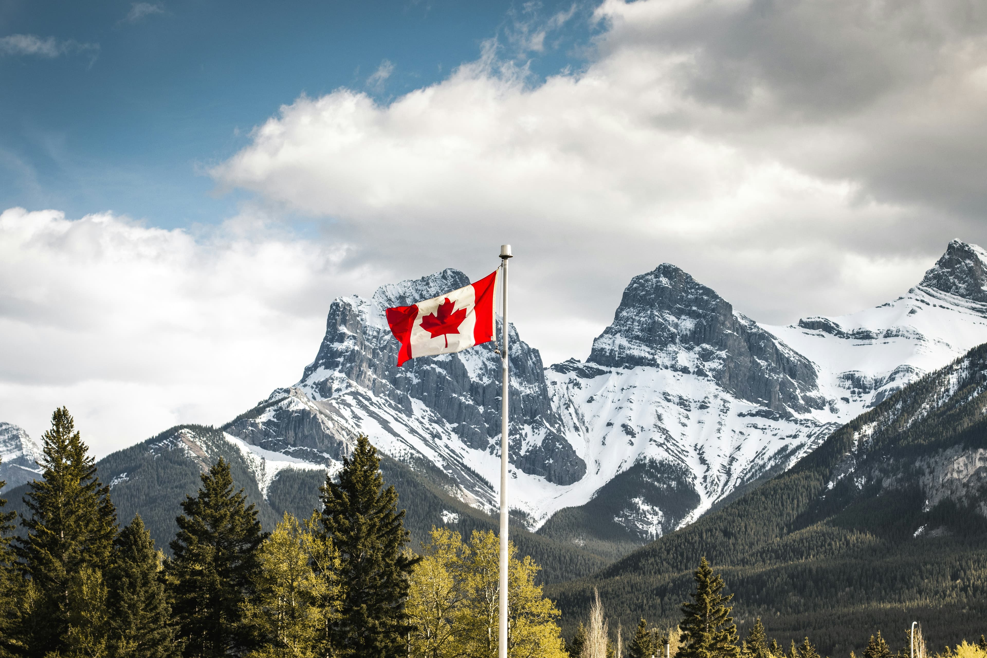 Le drapeau canadien sur des montagnes et des arbres