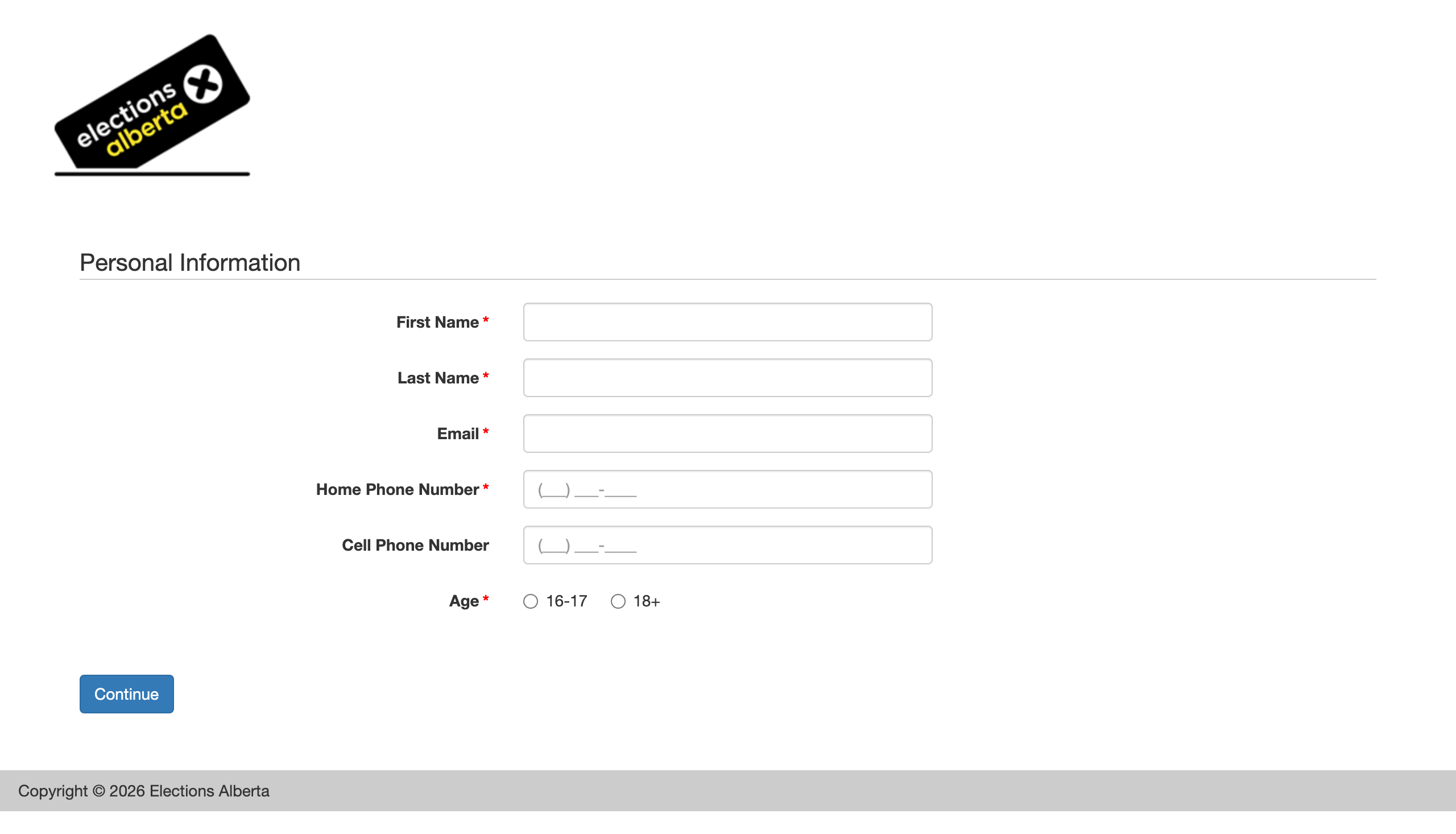 Screenshot of Elections Alberta’s online worker application, showing fields for first name, last name, email, phone numbers and age.