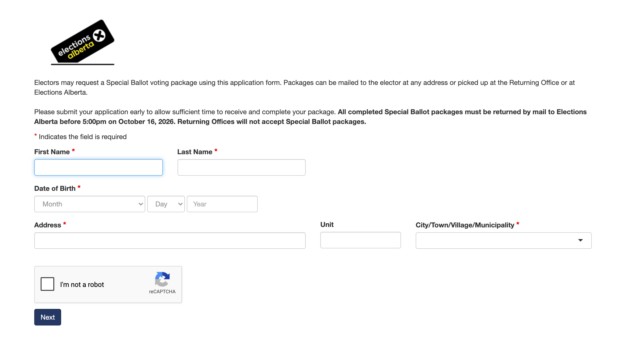 Screenshot of Elections Alberta’s online special ballot request form, showing fields for first name, last name, date of birth, address and city.